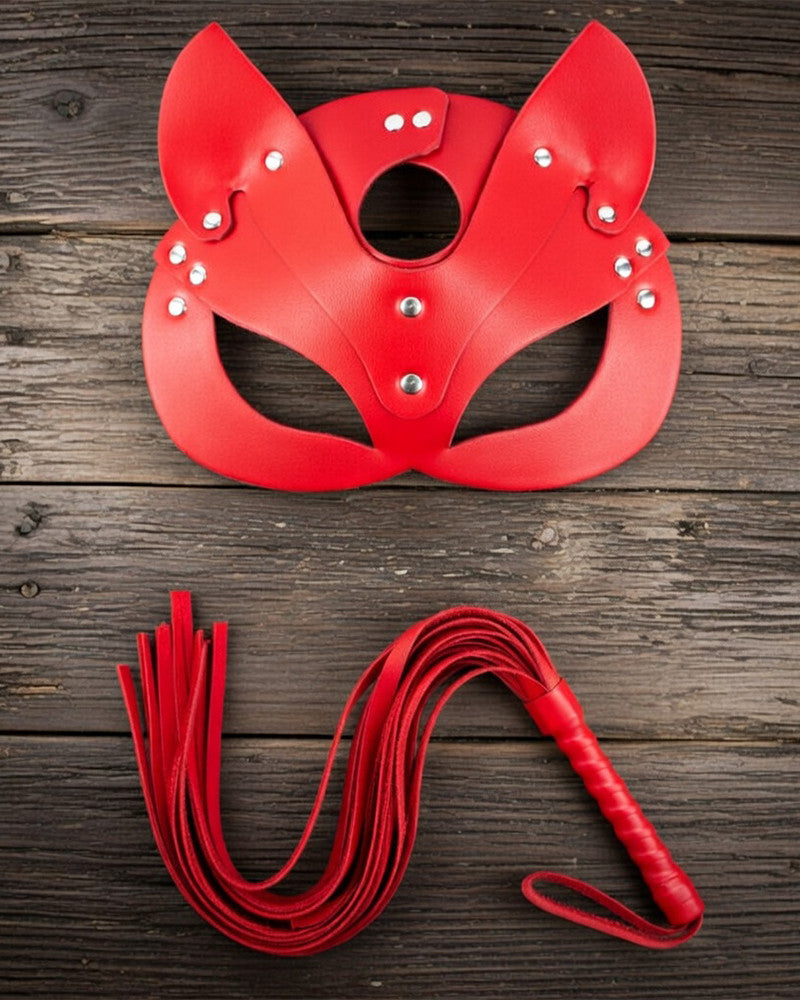 Leather Cat Mask with Ears & Leash