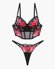 Embroidered Corset Bra and Thong 2 Sets
