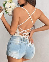 ⚡Flash Sale-{M} Floral Lace-up Backless Bodysuit