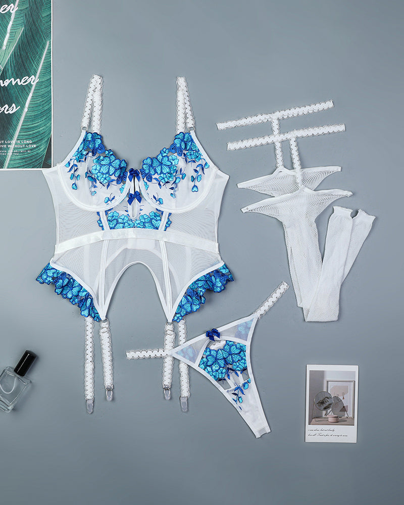 Embroidered Patchwork Corset Sets with Stockings
