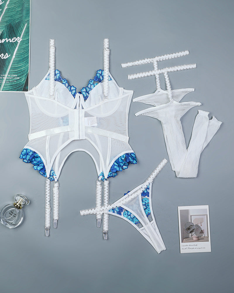 Embroidered Patchwork Corset Sets with Stockings