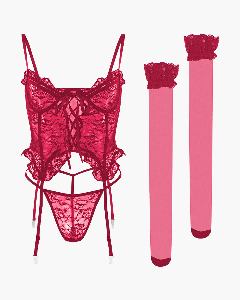 ⚡Flash Sale-Floral Lace Underwire Lingerie Set & Stockings