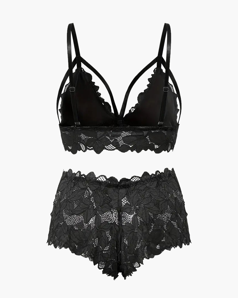 Floral Appliques Bow Knot Lace Bra & Panty Set