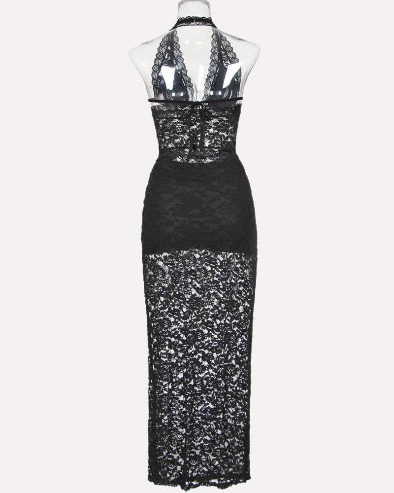 Plunge Neck Halter Lace Two-piece Set