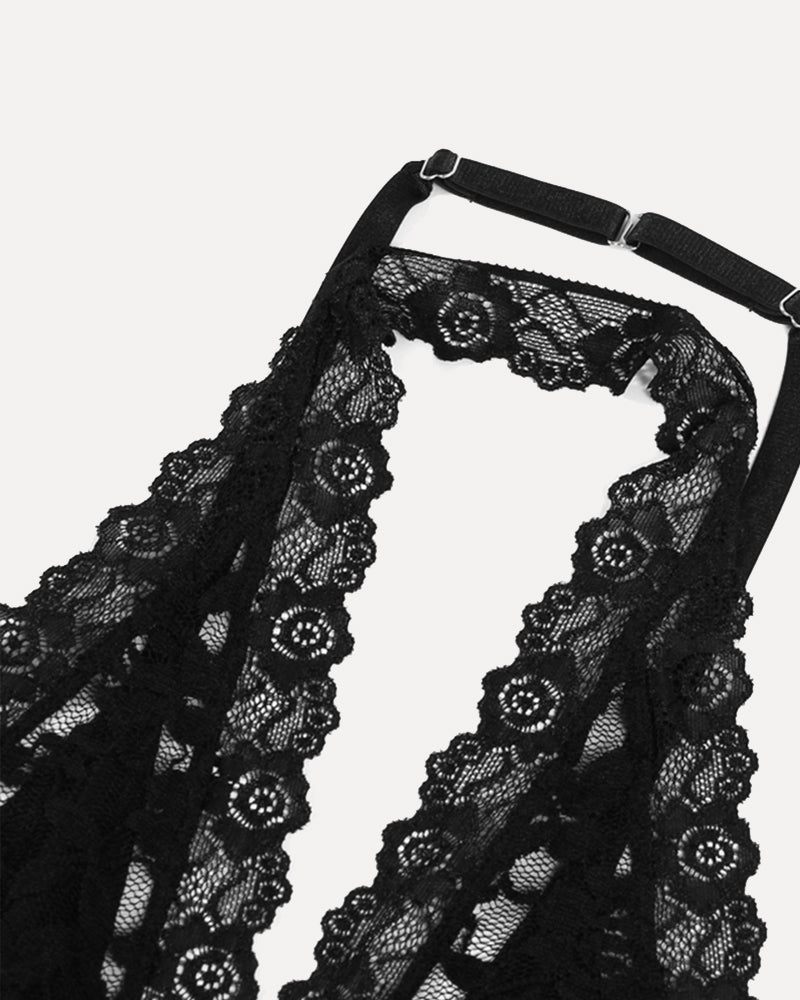 Plunge Neck Halter Lace Two-piece Set
