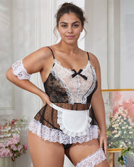 Plus Size Sheer Lace Patchwork Maid Set
