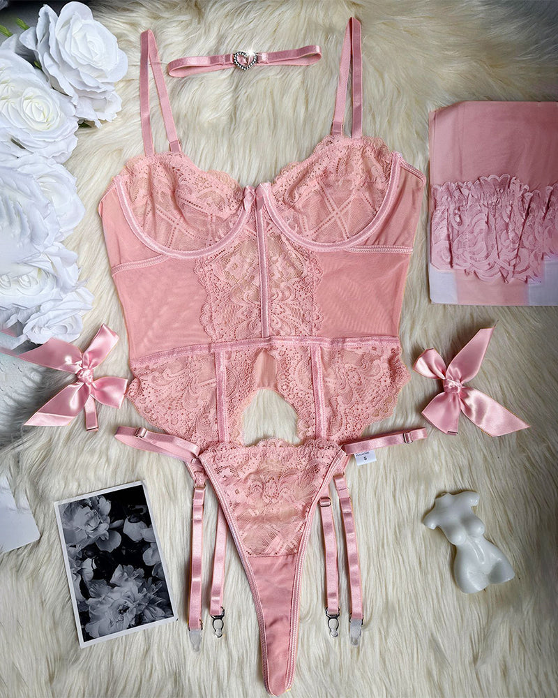 Floral Lace Corset Lingerie Set with Stockings