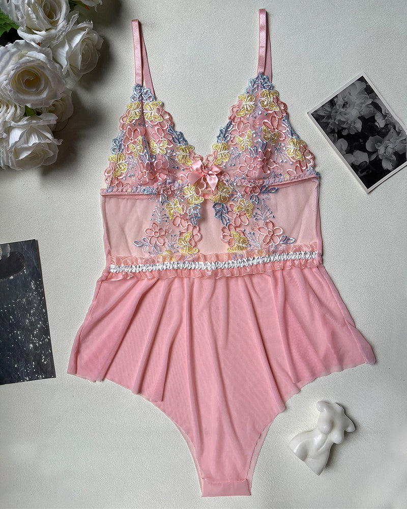 Embroidered Floral Lace Bodysuit Lingerie