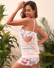 Hollow-out Mesh Floral Print Tankini Set