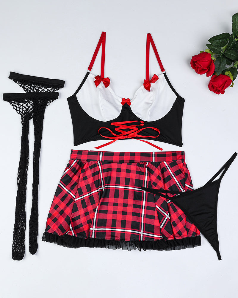 Uniform Bow Plaid Lingerie Set