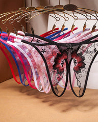 Mesh Embroidered Crotchless Thong
