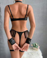 ⚡Flash Sale-Faux Leather Chain Harness Bodysuit with Tassel Fringe and Wrist Cuffs