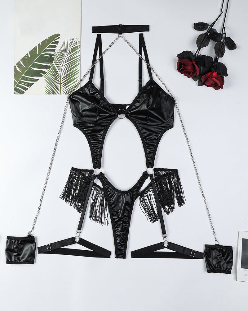 ⚡Flash Sale-Faux Leather Chain Harness Bodysuit with Tassel Fringe and Wrist Cuffs