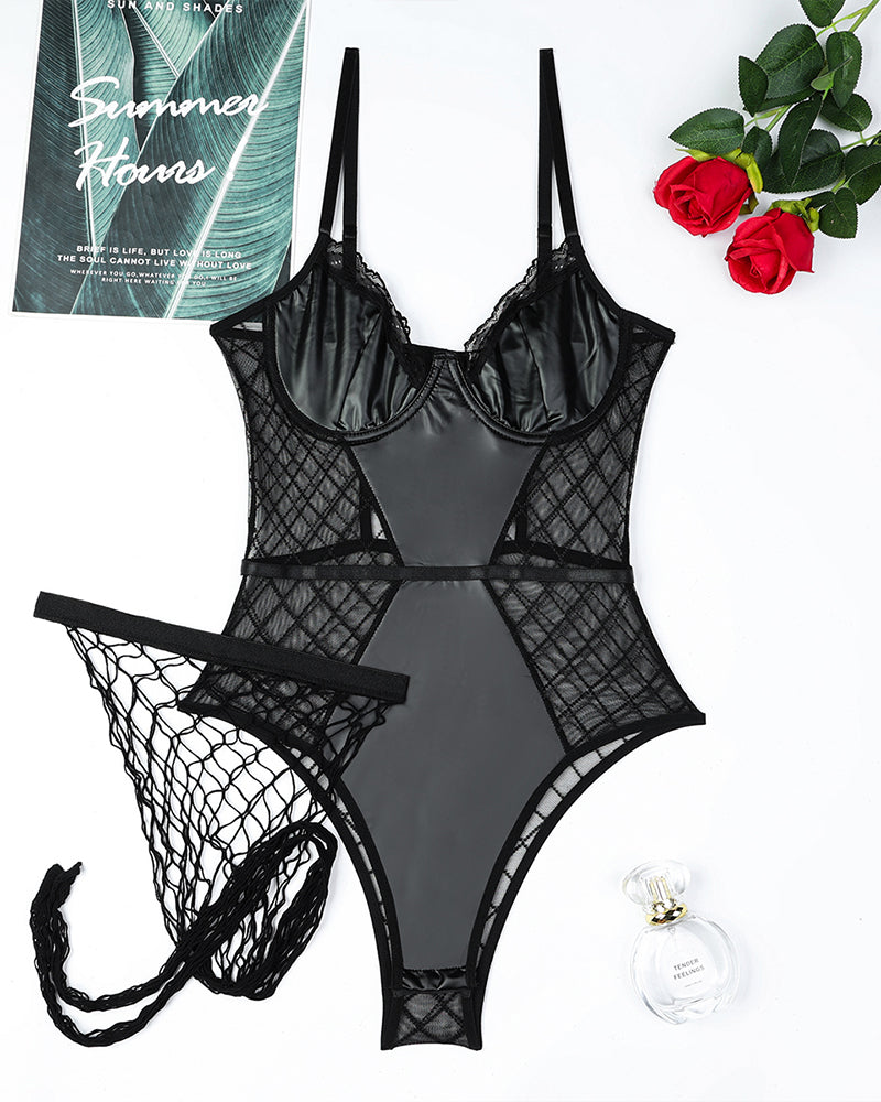 Mesh Leather Lace Camisole Bodysuit