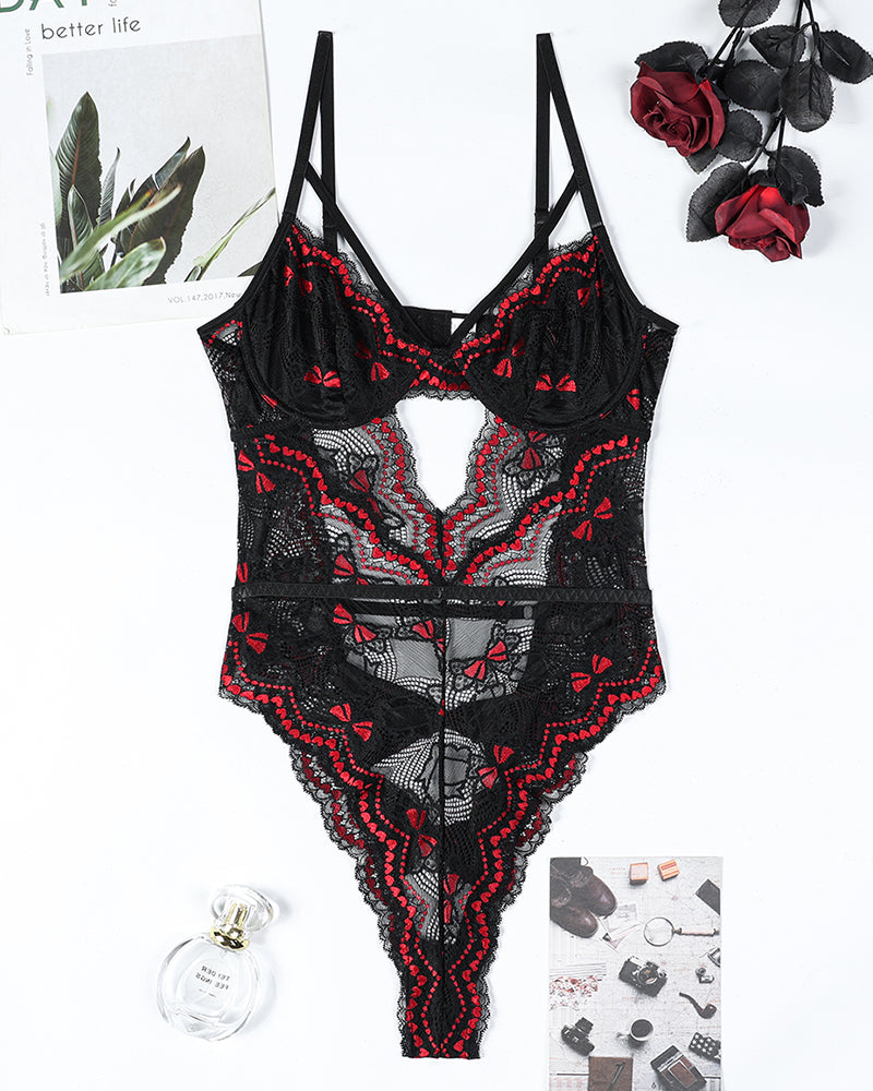 ⚡Flash Sale-Embroidery Bow Cutout Lace Bodysuit
