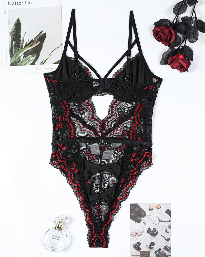 ⚡Flash Sale-Embroidery Bow Cutout Lace Bodysuit