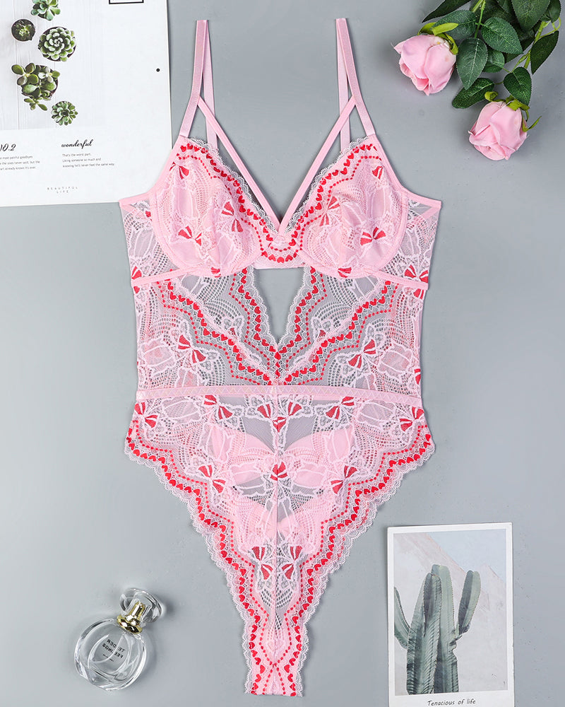 ⚡Flash Sale-Embroidery Bow Cutout Lace Bodysuit