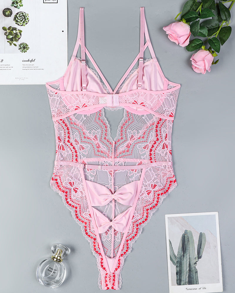 ⚡Flash Sale-Embroidery Bow Cutout Lace Bodysuit