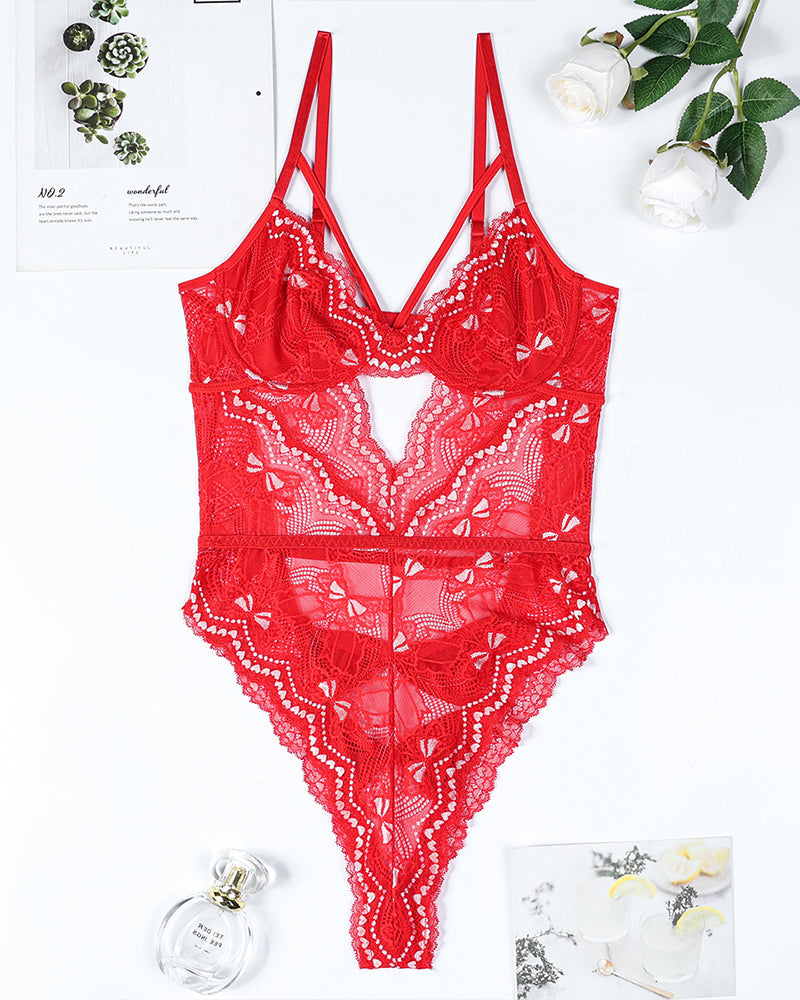 ⚡Flash Sale-Embroidery Bow Cutout Lace Bodysuit