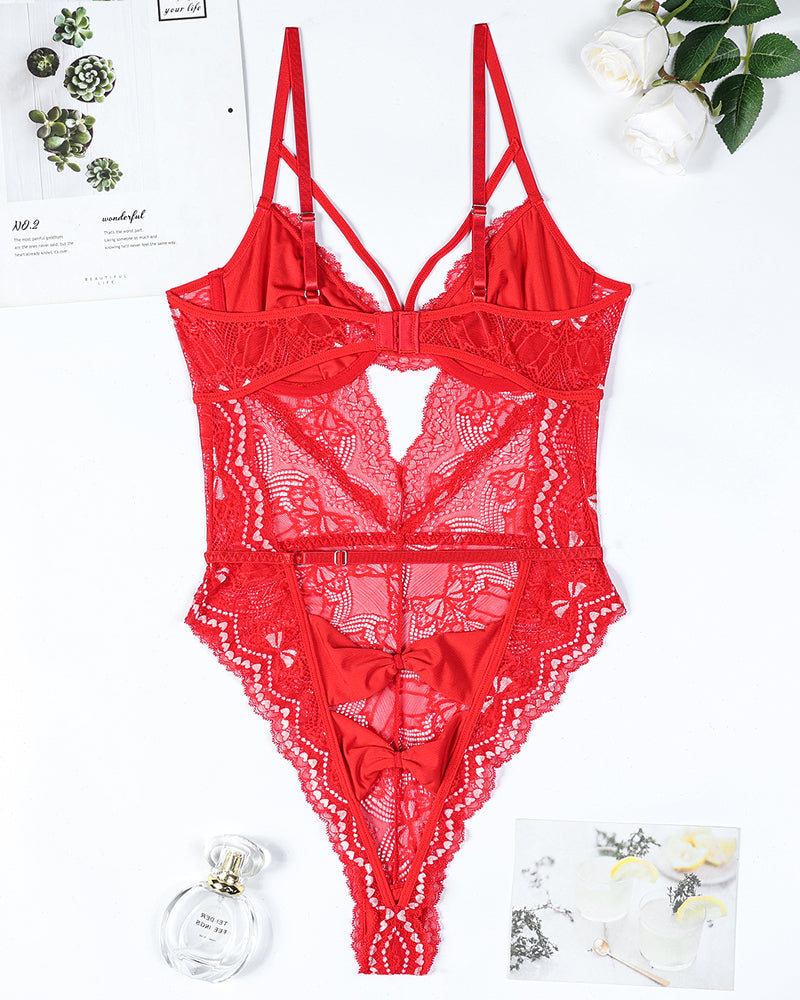 ⚡Flash Sale-Embroidery Bow Cutout Lace Bodysuit