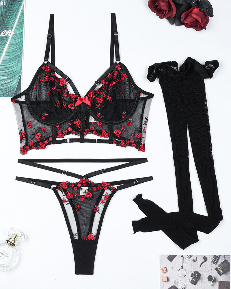 Embroidered Floral Hollow Stockings Bra Set