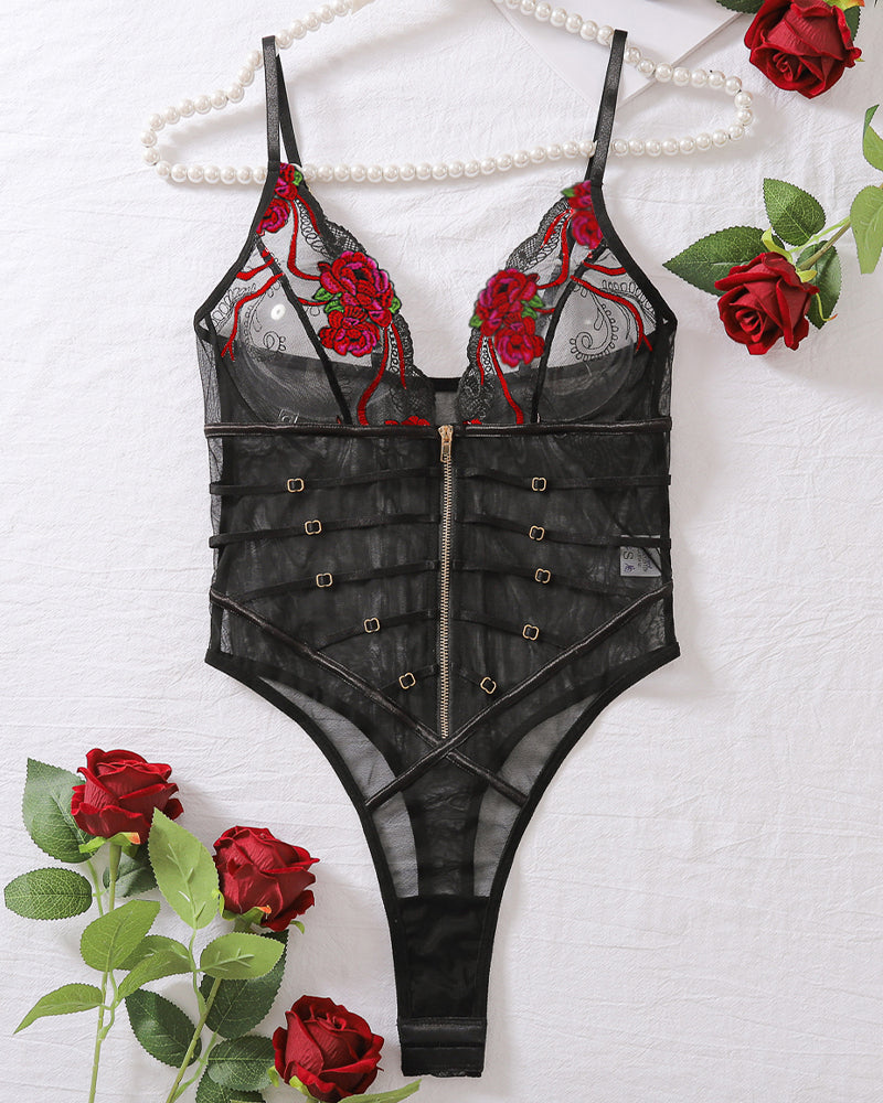 ⚡Flash Sale-Lace Mesh Embroidered Transparent V-Neck Bodysuit