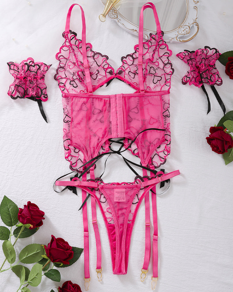 Thin Strappy Heart Embroidered Bra Sets