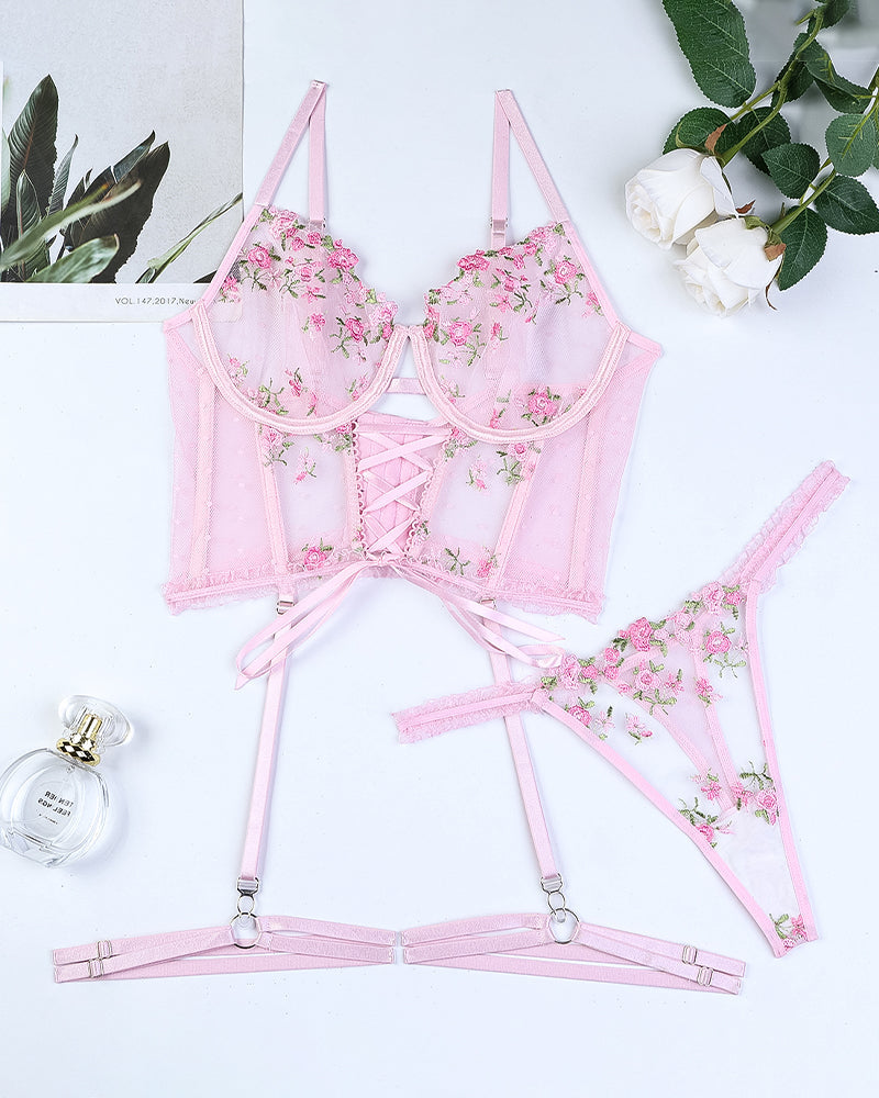 Embroidered Floral Lace-Up Bra Set
