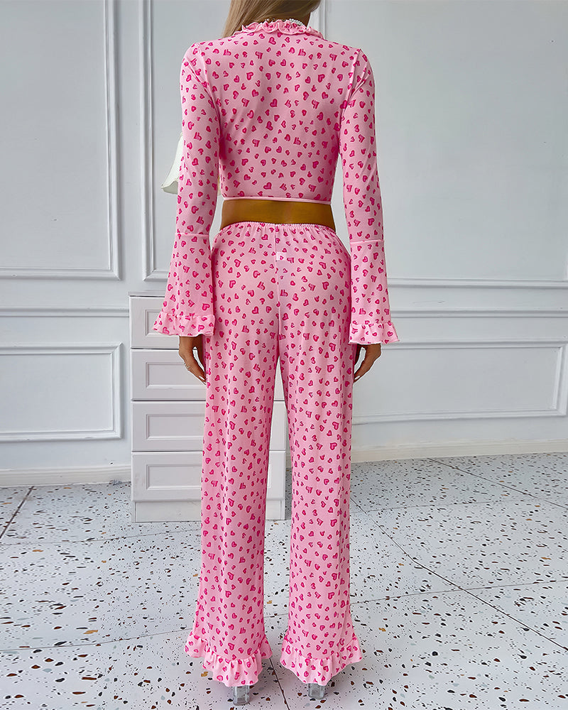 Long-Sleeved Heart Print Ruffled Pajamas Set