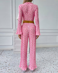 Long-Sleeved Heart Print Ruffled Pajamas Set