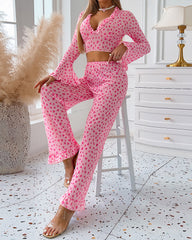 Long-Sleeved Heart Print Ruffled Pajamas Set