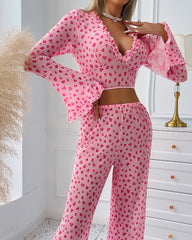 Long-Sleeved Heart Print Ruffled Pajamas Set