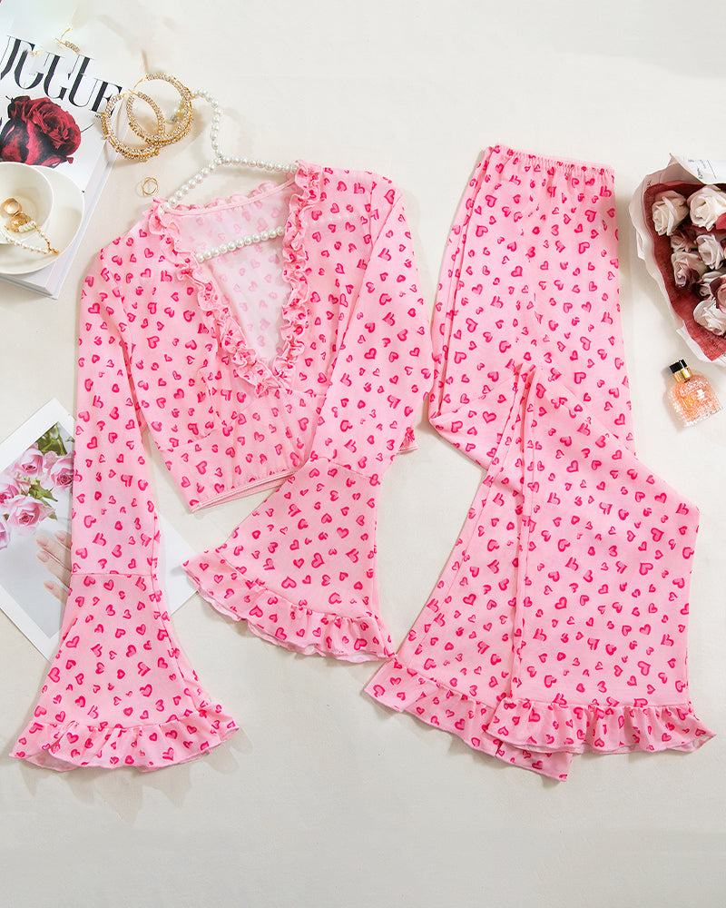Long-Sleeved Heart Print Ruffled Pajamas Set