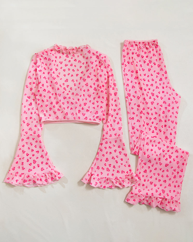 Long-Sleeved Heart Print Ruffled Pajamas Set
