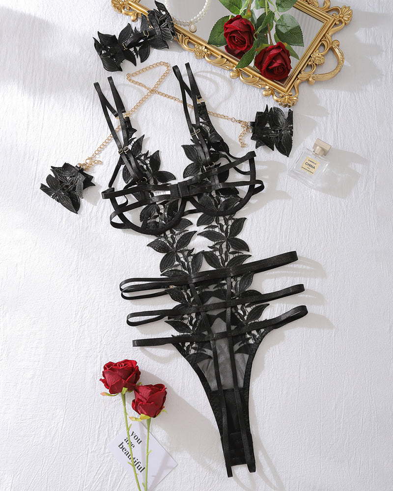 Flower Embroidery Bodysuits with Chain Bracelet