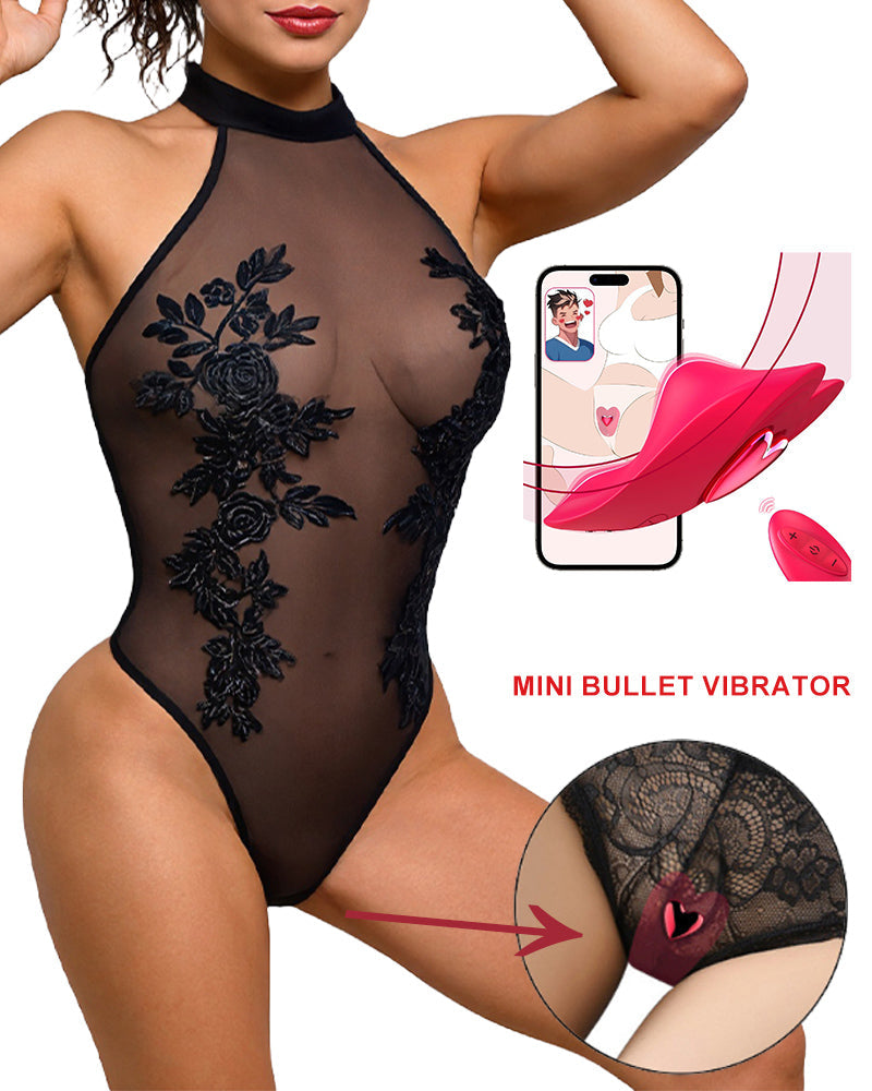 Sheer Mesh Halter Neck Floral Lace Appliqué Bodysuit