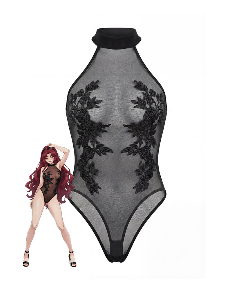 Floral Embroidered Mesh Sheer Bodysuit
