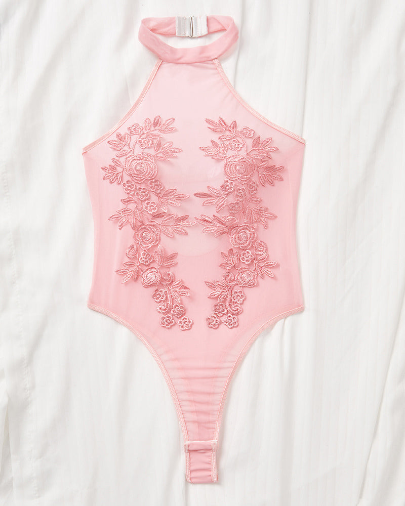 Floral Embroidered Mesh Sheer Bodysuit