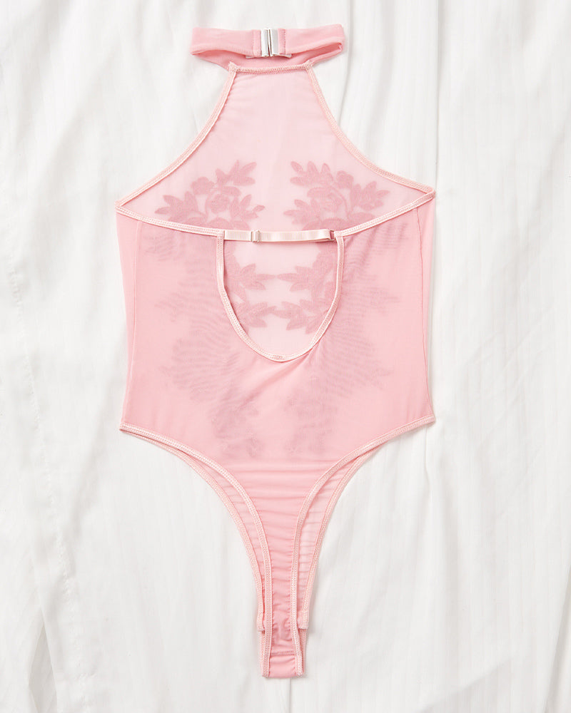 Sheer Mesh Halter Neck Floral Lace Appliqué Bodysuit