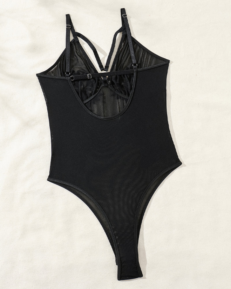 Floral Embroidered Mesh Sheer Bodysuit