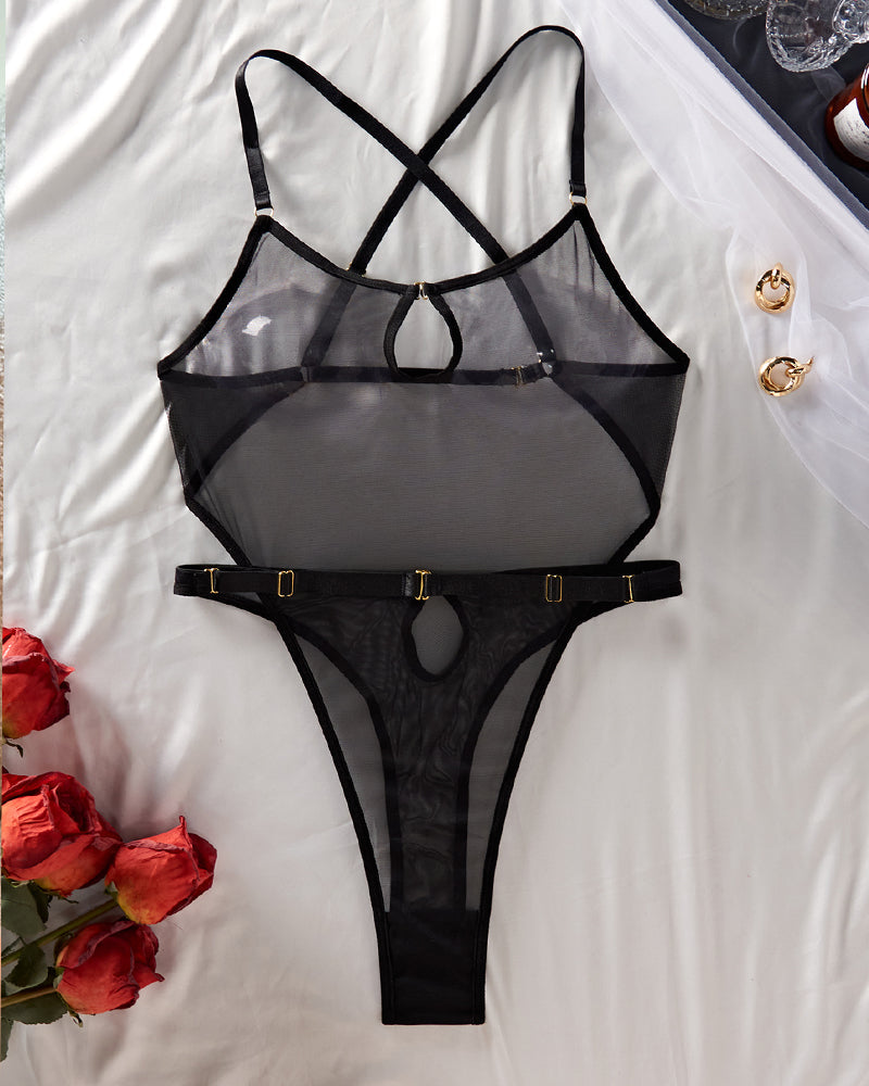 Hollow Mesh Sheer Cross-back Bodysuits