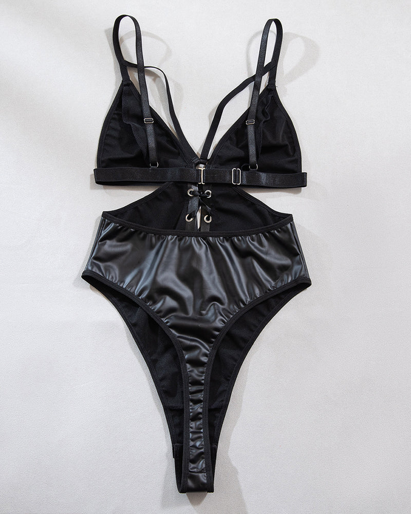 PU Leather Lace-up Cutout Bodysuit