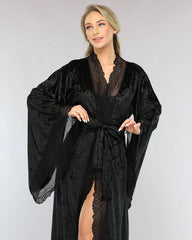 Velvet Belted Robe with Lace Trim