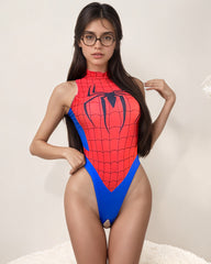 Spiderweb Print Crotchless Mock Neck Bodysuit Cosplay Lingerie