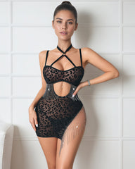 Leopard Hollow Split Night Dress with Panty