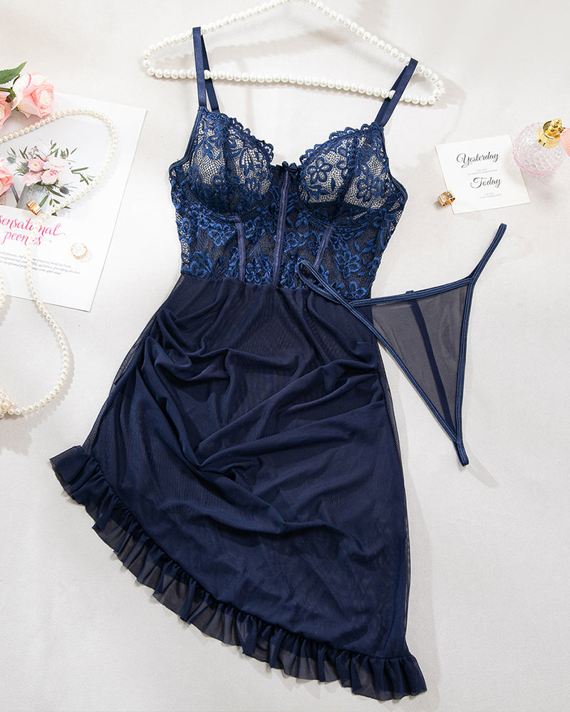 Floral Embroidery Mesh Lingerie Dress With G-string