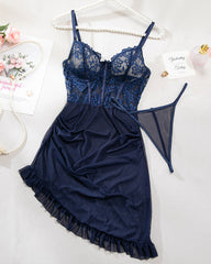 Floral Embroidery Mesh Lingerie Dress With G-string
