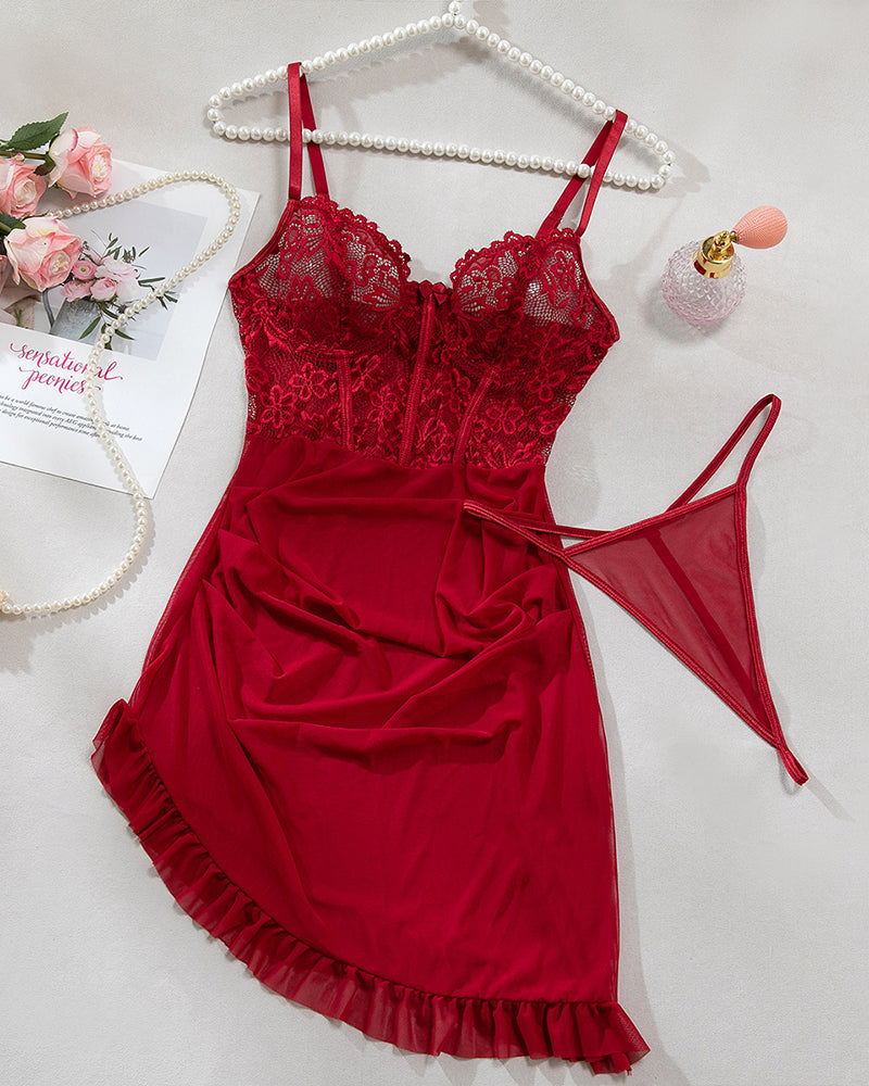 Floral Embroidery Mesh Lingerie Dress With G-string
