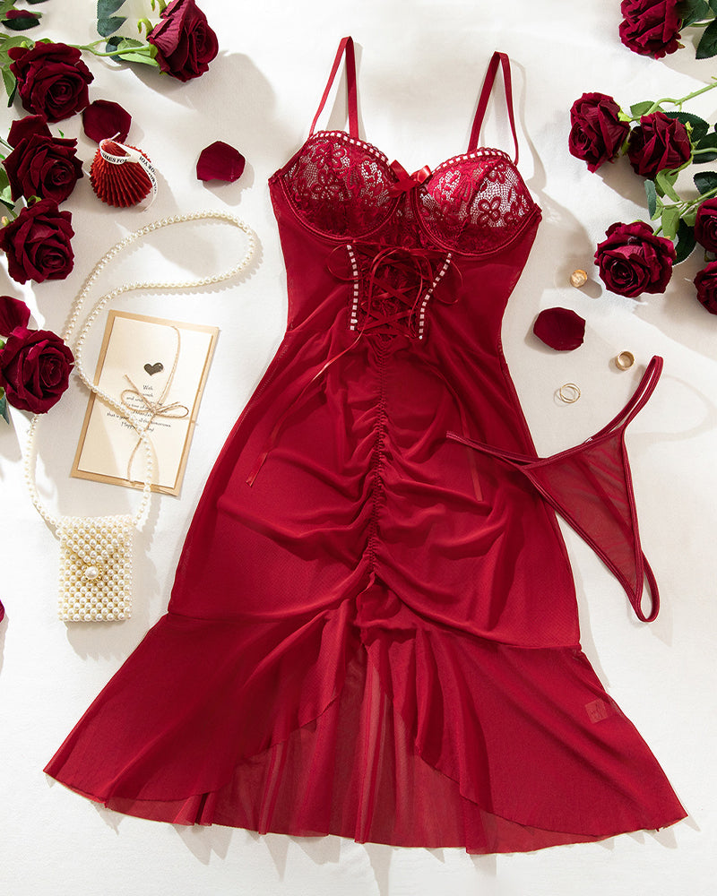Ruffle Sheer Bodycon Mesh Lace Floral Dress