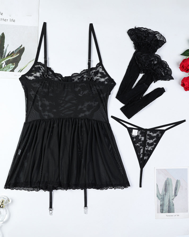 Floral Lace Mesh Babydoll Slip Dress + Stockings